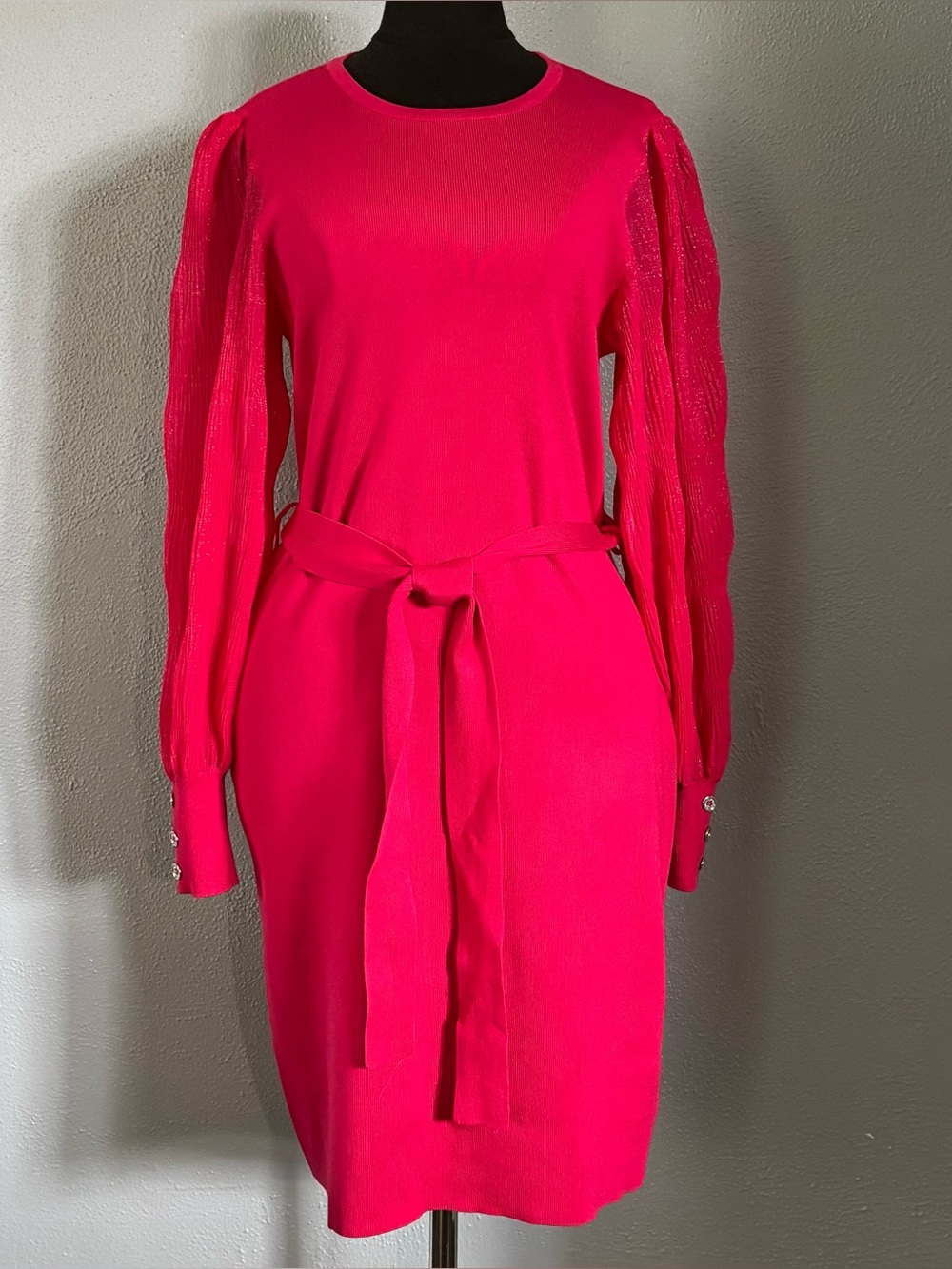 NWT Calvin Klein Rose Pink Long Sleeve Knit Dress with Waist Tie Womens Size M